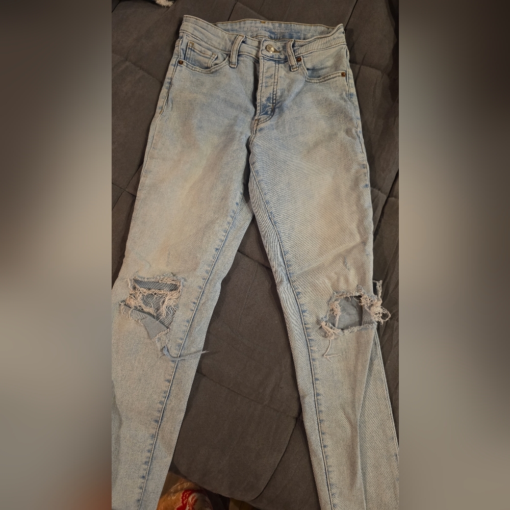 OLD NAVY LIGHT BLUE DISTRESSED HIGH RISE OG STRAIGHT | SIZE 0
